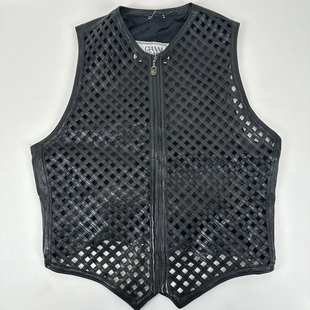 GIANNI VERSACE black leather vest w/ an open lattice feature in front 46